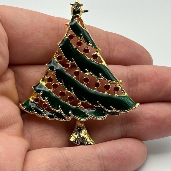 Small Christmas Enamel Tree Brooch Christmas Holidays Green with Red Lights - Picture 5 of 8